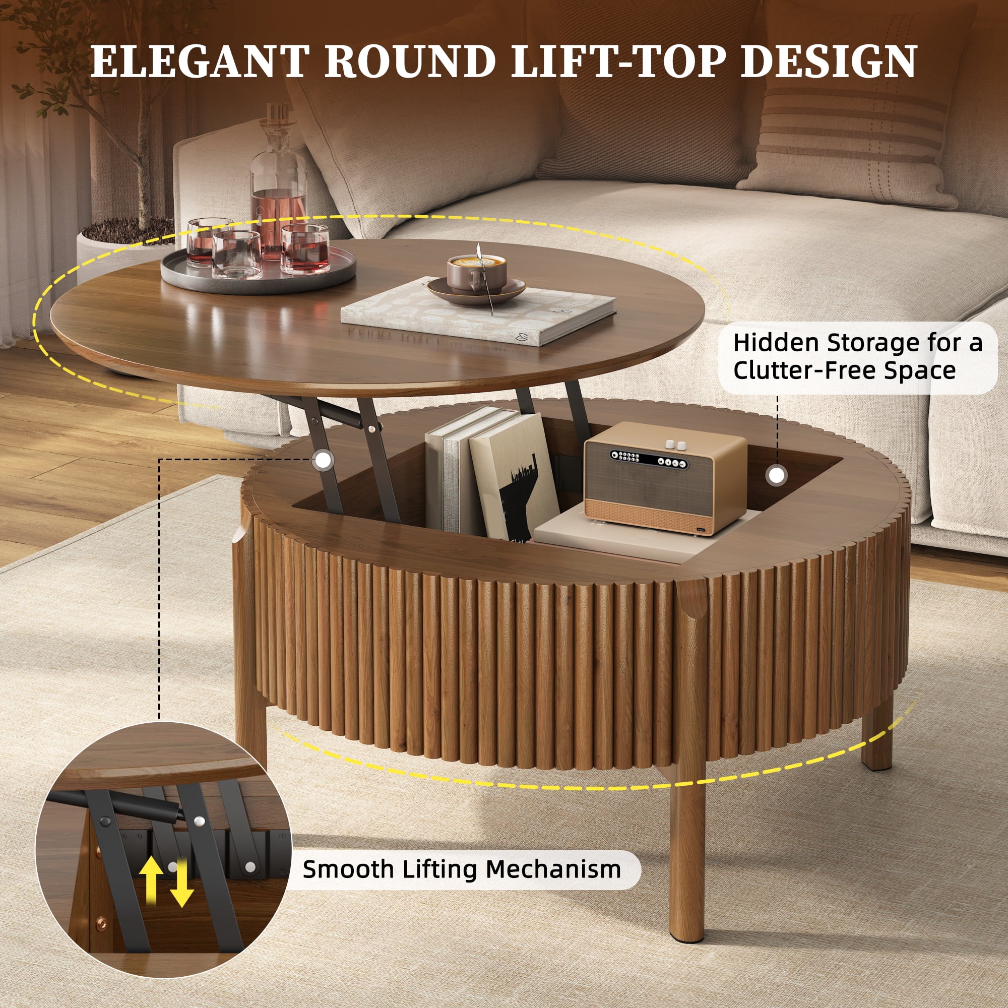 30.3-Inch Round Lift-Top Coffee Table with Hidden Storage and Fluted Base, Modern Farmhouse Center Table and Cocktail Table for Living Room, Walnut