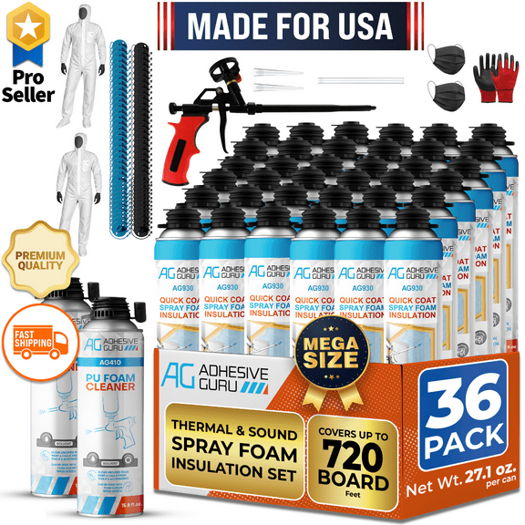 Adhesive Guru Quick Coat Closed Cell Spray Foam Insulation Kit(36x32.8oz-720 Brd Ft)for Wall DIY Expanding Sealant Set, Insulates Heat&Sound, Fills Gaps&Cracks 36xFoam Cans, Cleaner, Gun &Safety Gear