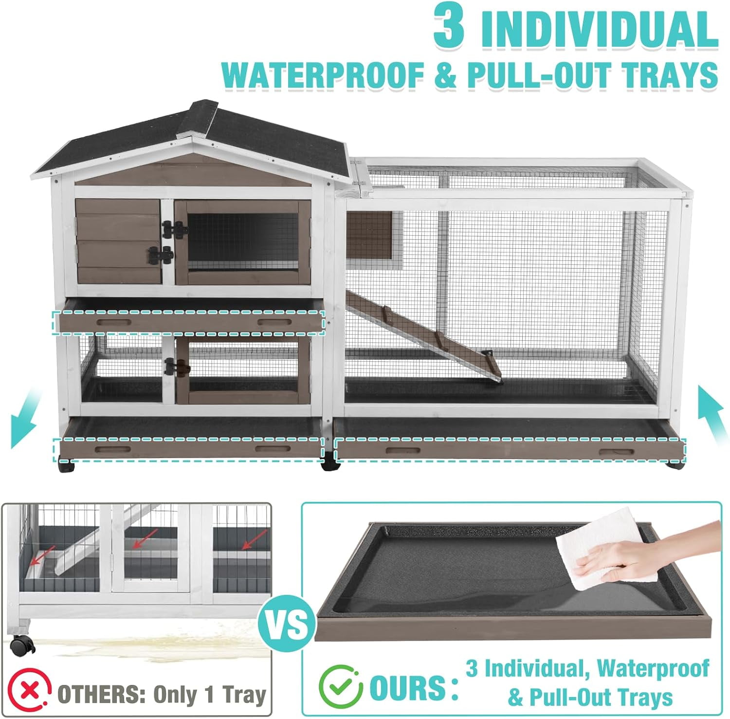 Aivituvin 62" Rabbit Hutch with Chew-Proof Ramp & Waterproof Roof - Indoor/Outdoor Bunny Cage, 2-Story Design, 6 Lockable Caster Wheels & Dual Pull-Out Trays (Brown)