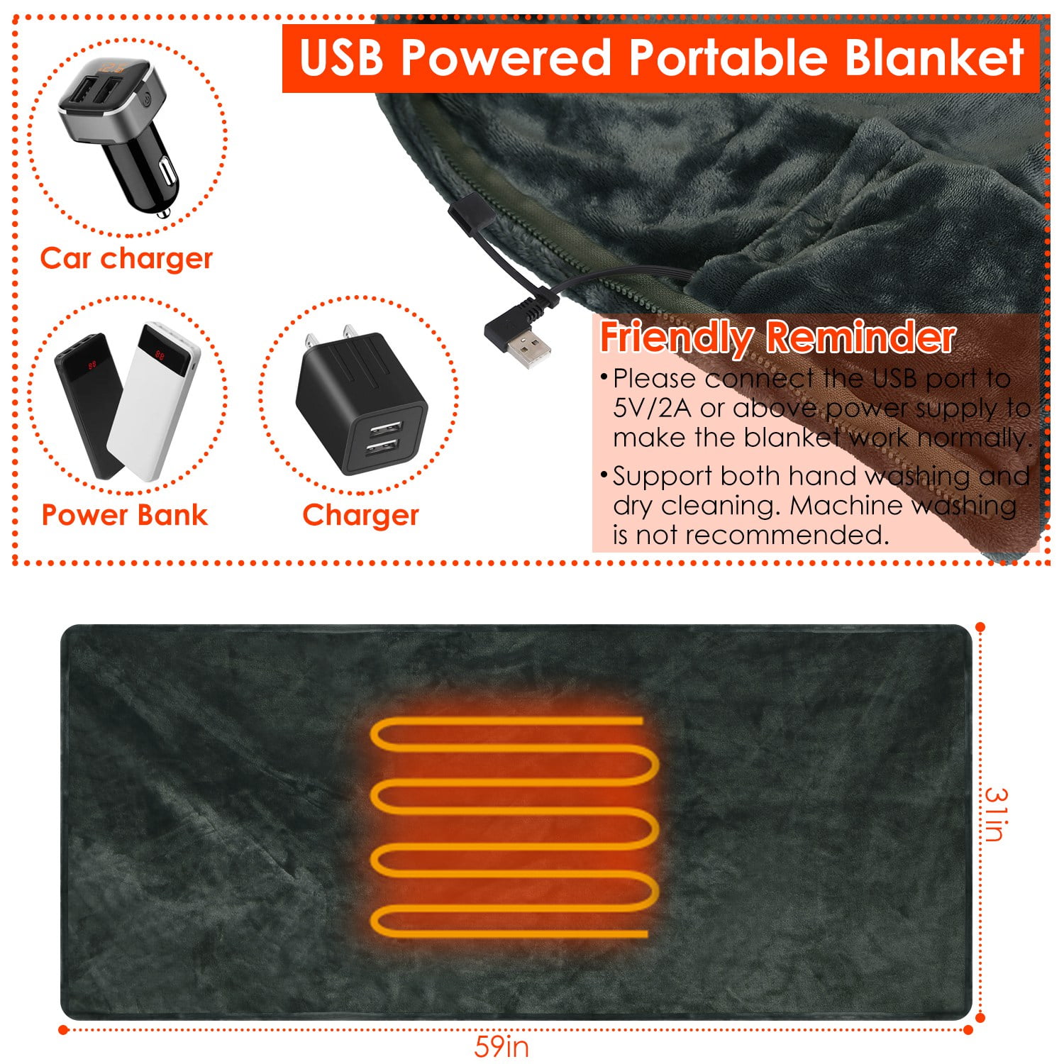 59*31in Electric USB Heated Blanket, Washable Heated Poncho Shawl Wrap Throw with Zipper