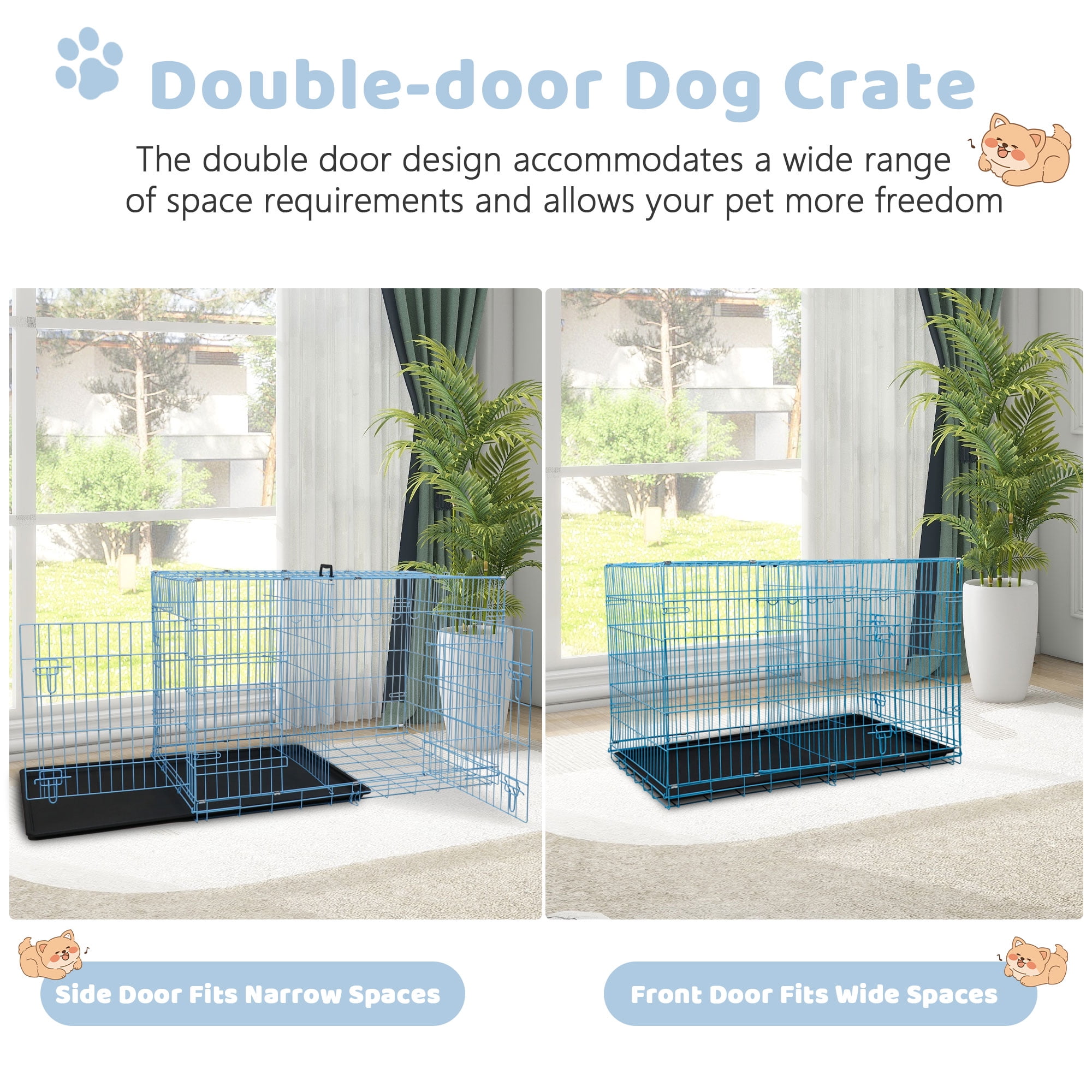 YRLLENSDAN 42 inch Foldable Large Dog Crate for Large Dogs, Metal Wire Dog Cage with Plastic Tray and Handle Double-Door Outdoor Dog Crates and Kennels for Medium Dogs, Blue