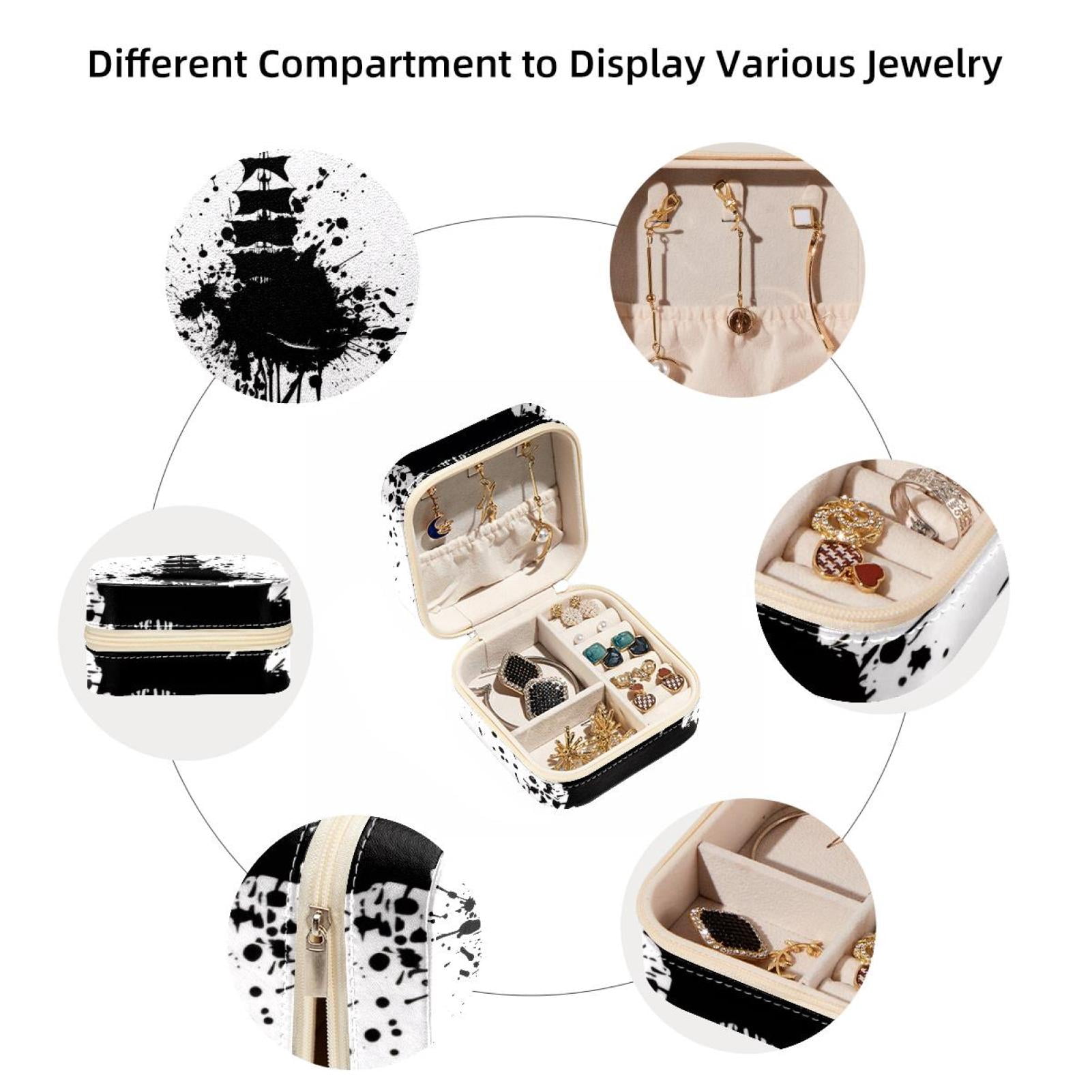 PhooArto Small Jewellery Box, Black Ink Splatter Dots Ship Portable Travel Mini Jewelry Case for Women Leather Ring Organizer