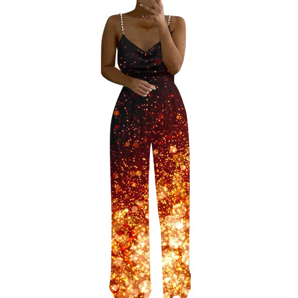 Gibobby pantalones holgados de oficina Mono de tubo de cintura alta con cuello en V y dos correas de perlas con estampado informal para mujer, mono elegante de verano(Anaranjado, XL)
