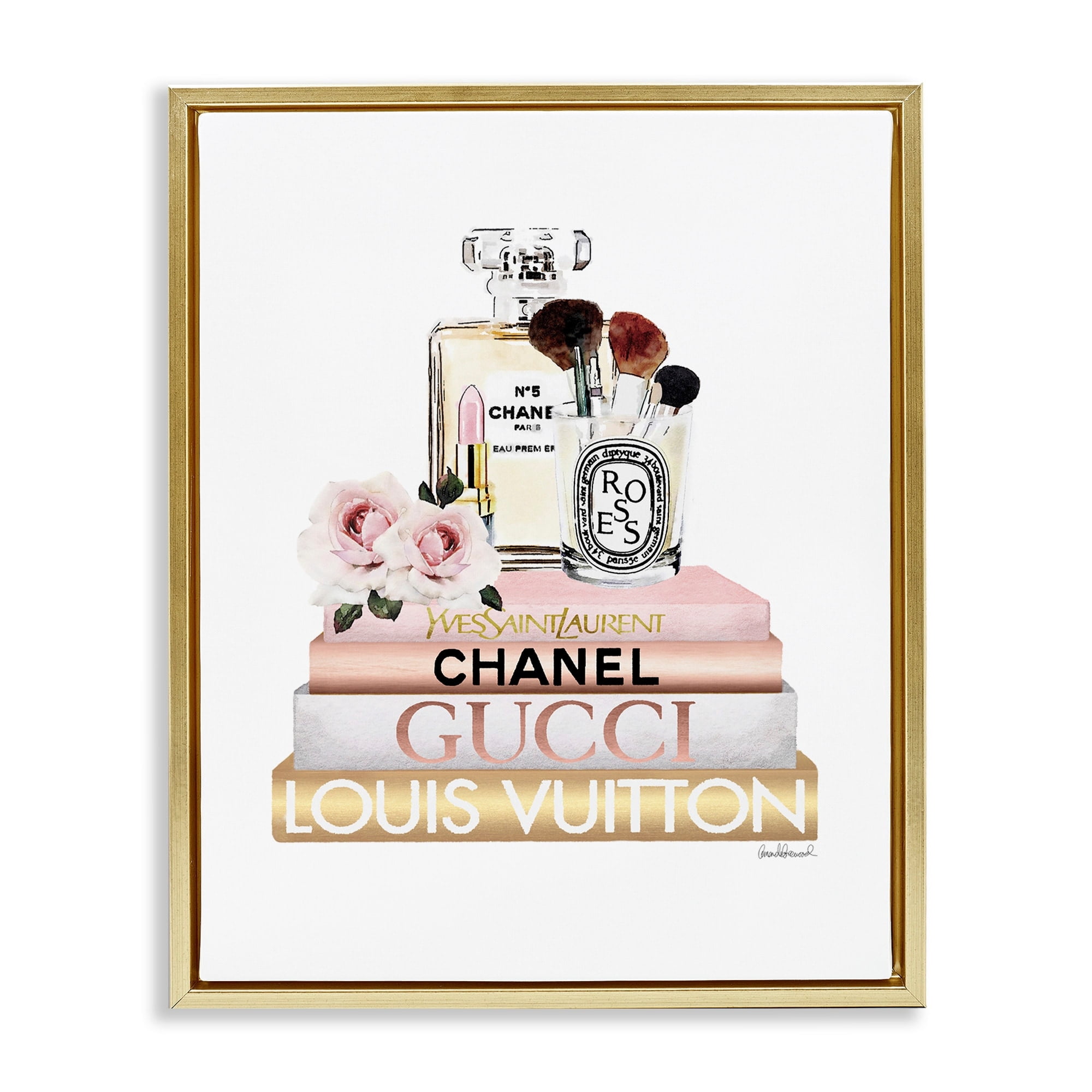 Stupell Industries Fashion Essentials with Iconic Glam Brands Metallic Gold Framed Floating Canvas Wall Art, 16x20, by Amanda Greenwood