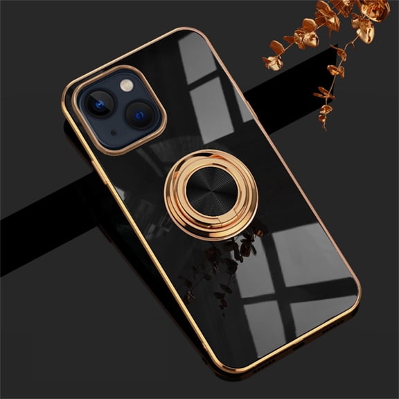 Decase Case for iPhone 14 6.1 Inch 2022, Plating Edge Raised Frame Protection Ring Holder Stand 360 Rotation Kickstand Slim Soft Flexible TPU Shockproof Protective Cover for iPhone 14,Black