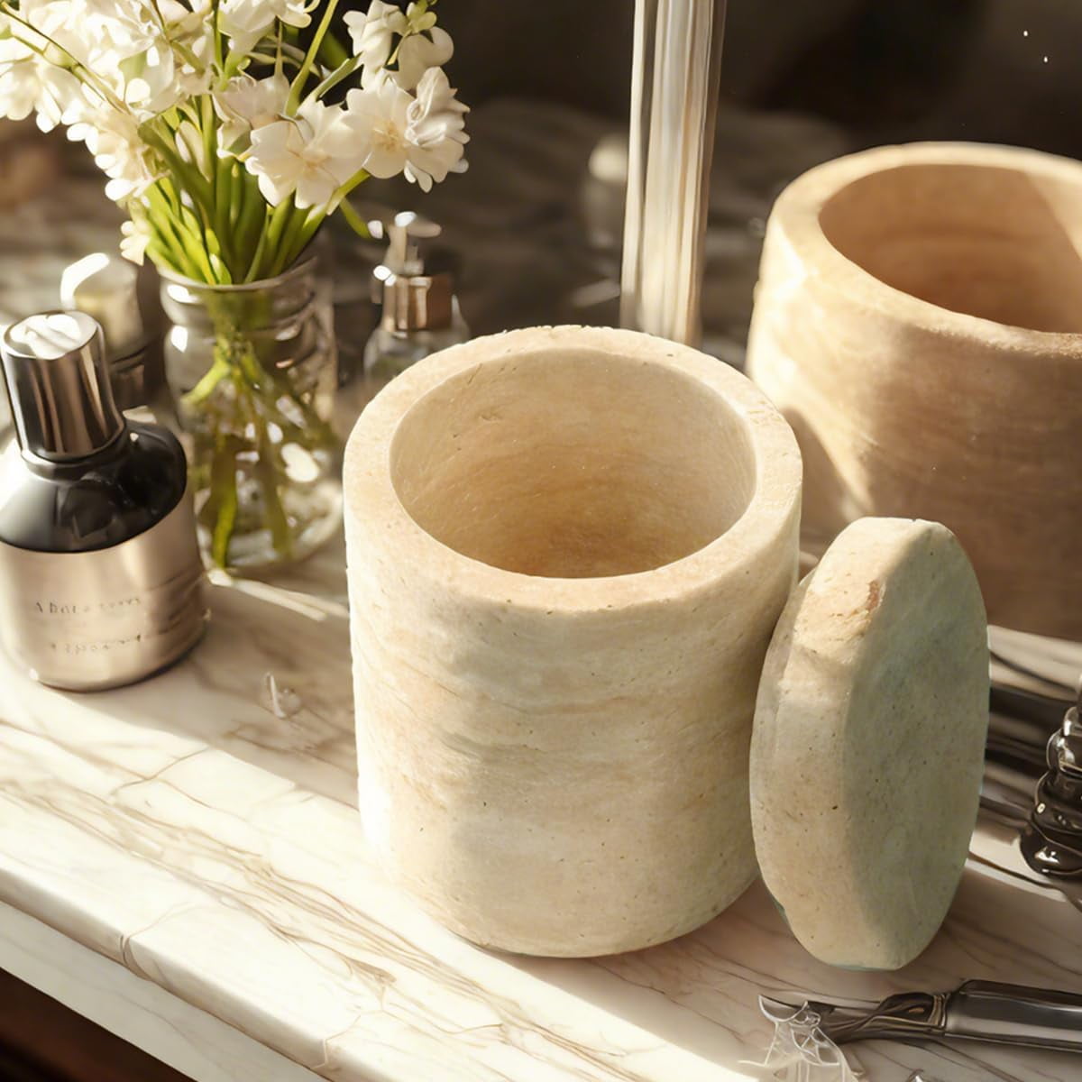 Natural Marble Canister, Cotton Swab Holder with Lid, Marble Toothbrush Holder Qtip Holder Storage for Cotton Swab, Floss Picks, Makeup Pad, Bath Salt, Beige