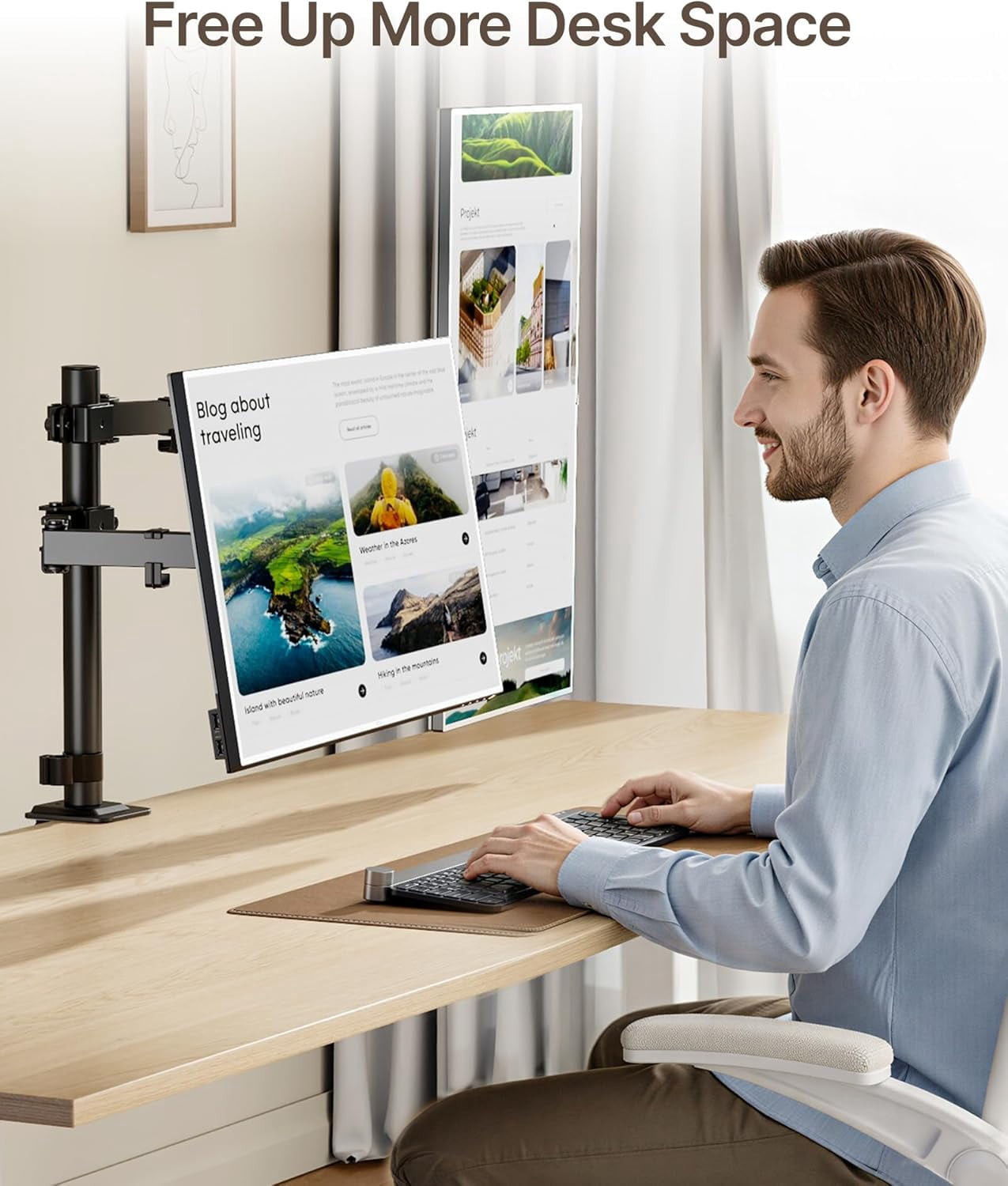 monTEK Dual Monitor Stand for 17–32 Inch Screens, Adjustable Desk Mount Holds up to 22 lbs per Arm, Full Motion Monitor Mount with C-Clamp/Grommet, VESA 75x75/100x100