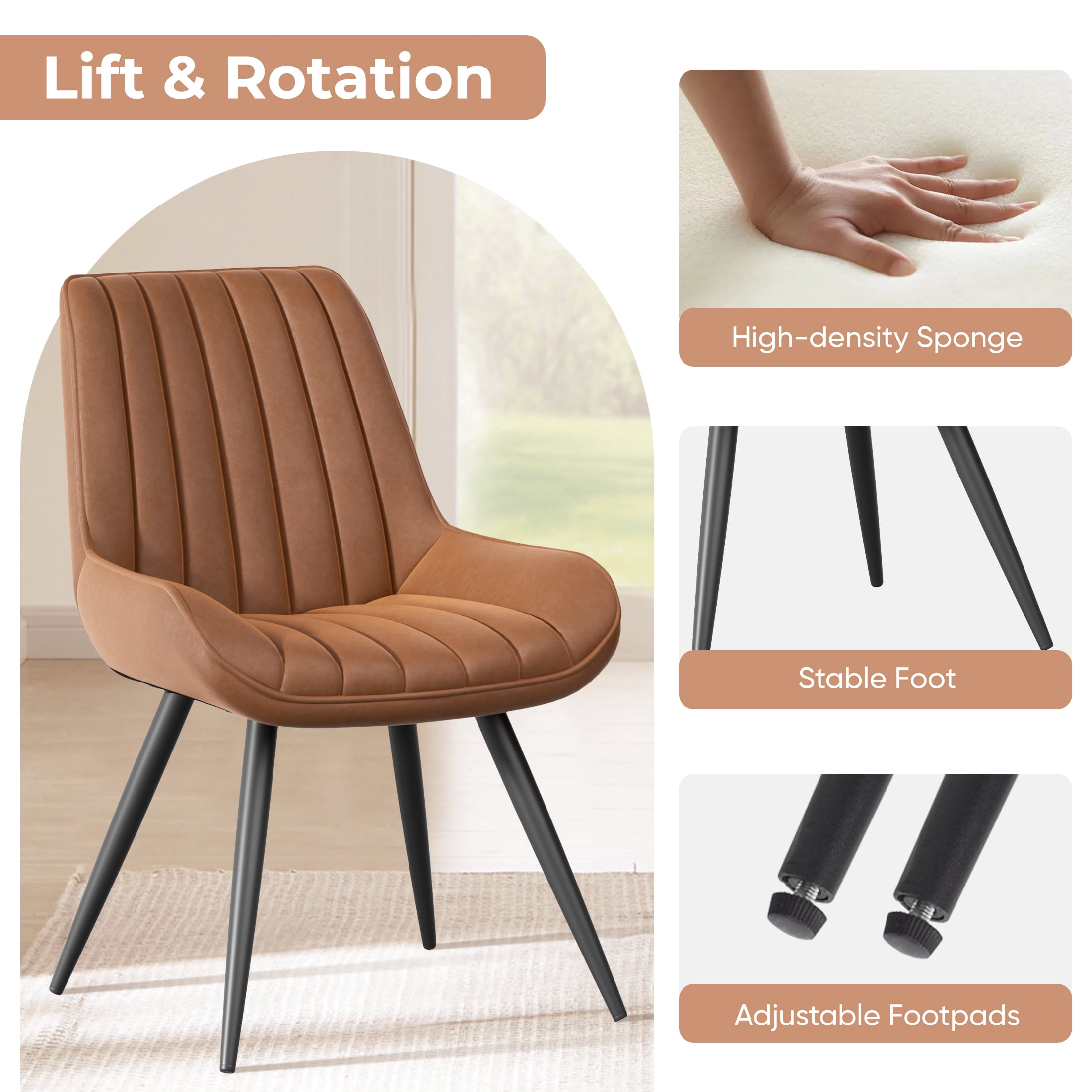 Daluvenix Modern Dining Chairs Set of 4, Upholstered Fabric Comfy Kitchen Dining Chairs with Metal Legs & Thick Cushions for Dining Living Room, Brown