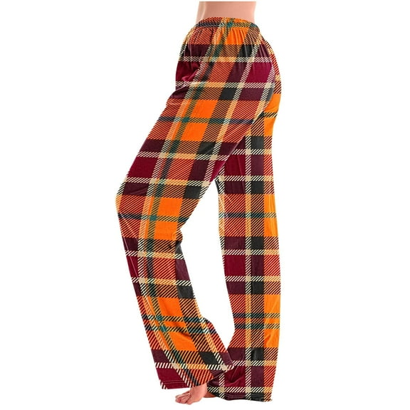 Lenpel Women's Pajama Pants Plaid Plus Size High Rise Elastic Waist Wide Leg Lounge Trousers Comfy Pj Bottoms