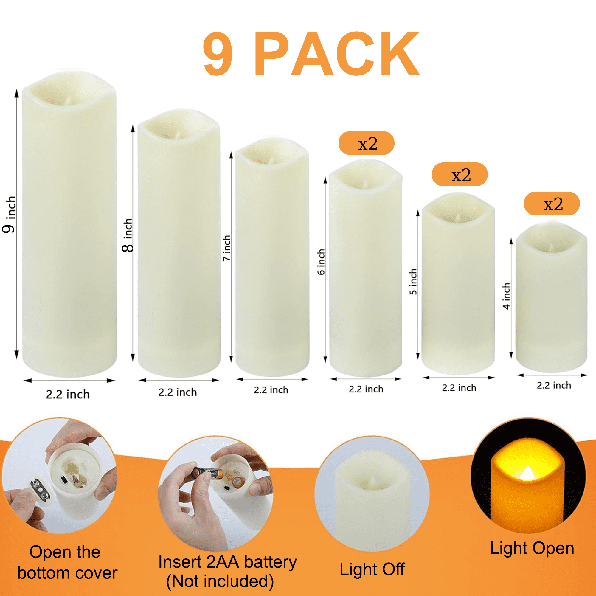 HIDAWN Flameless Pillar Candles with Remote,9 Pack Outdoor Large LED Fake Candles Battery Operated Electric Votive Flicker Lights,Ivory