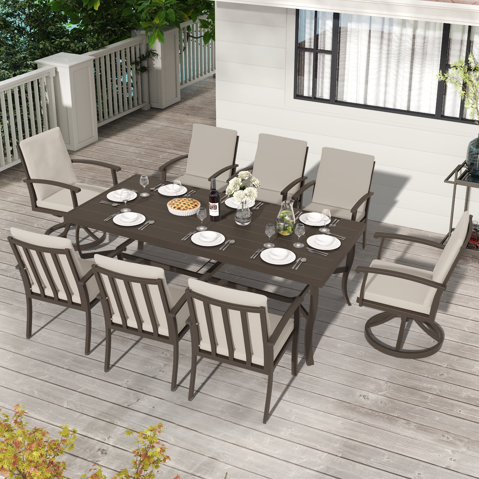 HAPPATIO Aluminum 9 Piece Patio Dining Sets, Outdoor Dining Set for 8, Patio Furniture Sets, 2 Swivel Dining Chairs, 6 Dining Chairs, Aluminum Furniture Set for Patio, Yard (Black)