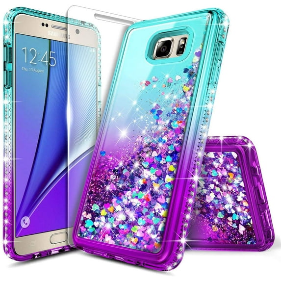 Nagebee Case for Samsung Galaxy S7 with Tempered Glass Screen Protector, Glitter Liquid Floating Gradient Sparkling Bling Diamond, Durable Girls Women Cute Case (Aqua/Purple)