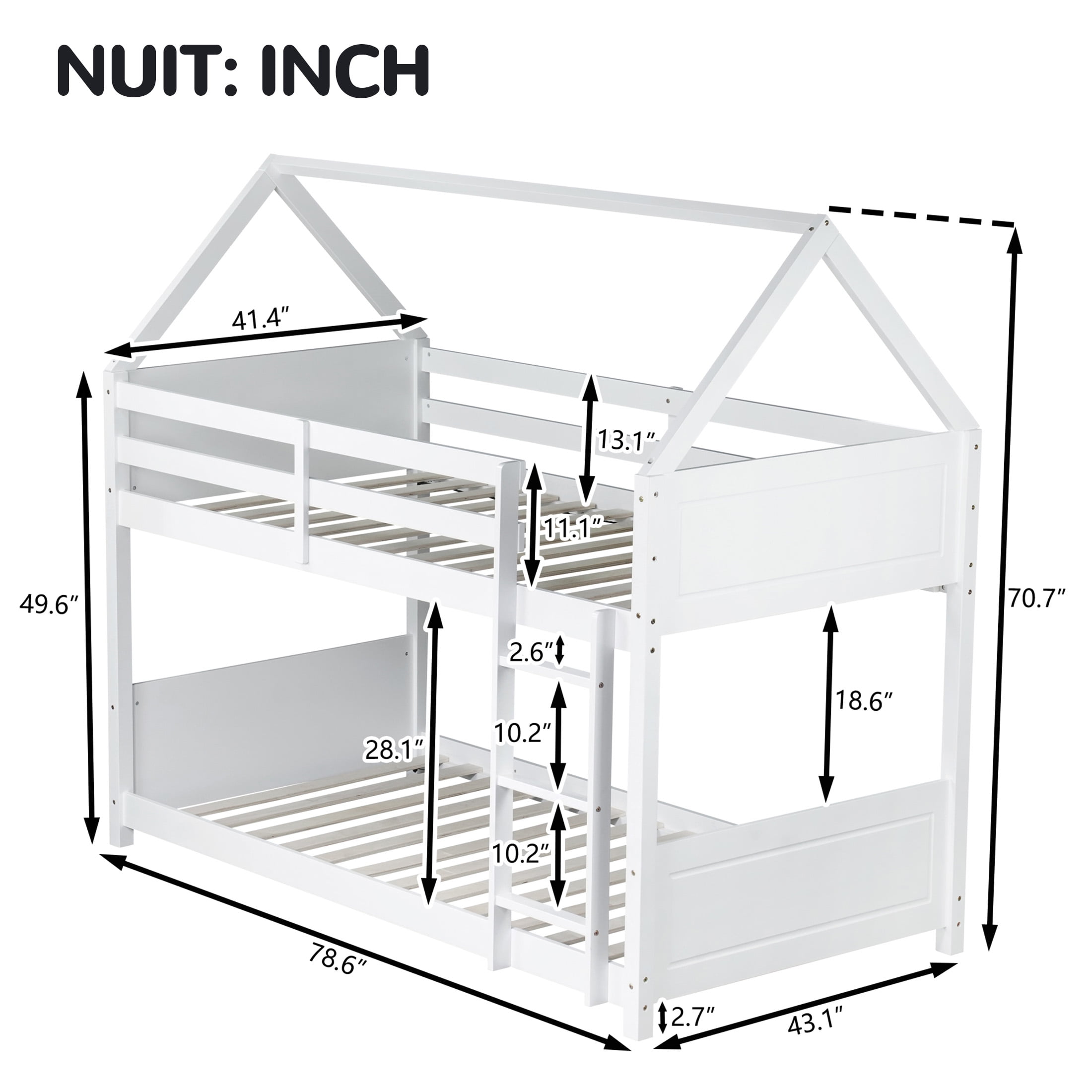 Aukfa Heavy Duty Junior House Bunk Bed with Full-Length Guardrail, Twin Over Twin Bunk Bed Frame, White