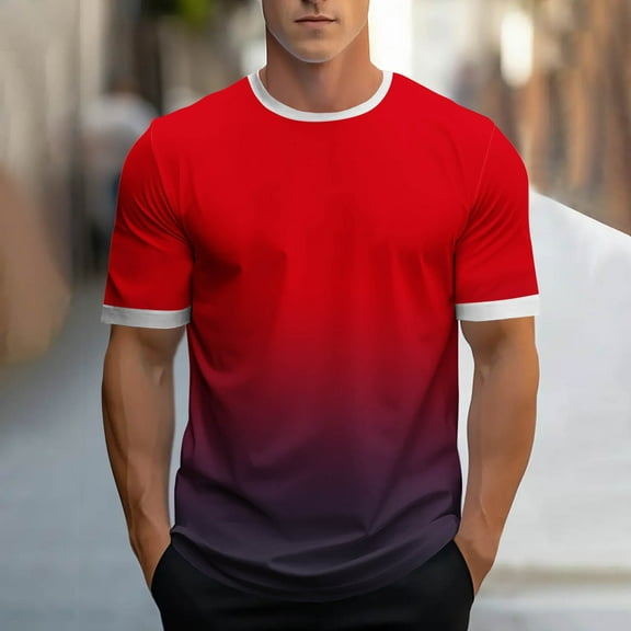 T-shirts for Men Short Sleeve Round-Neck Gradient Print Casual Sports T-shirt Shirts Red XXL