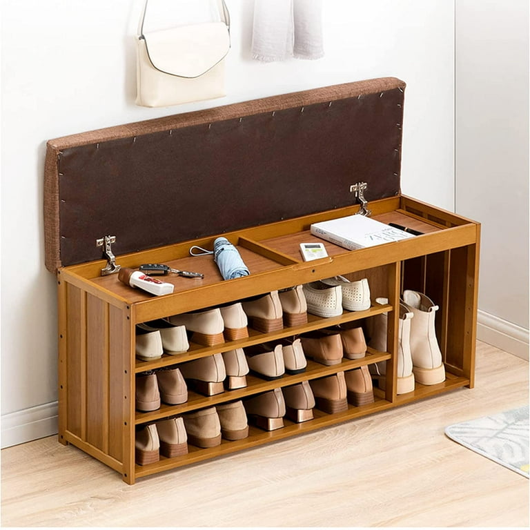 3-Tier Shoe Rack Bench, Entryway Storage Shelf Bamboo Shoe Cabinet With  Cushion Shoe Cabinet Storage Benches