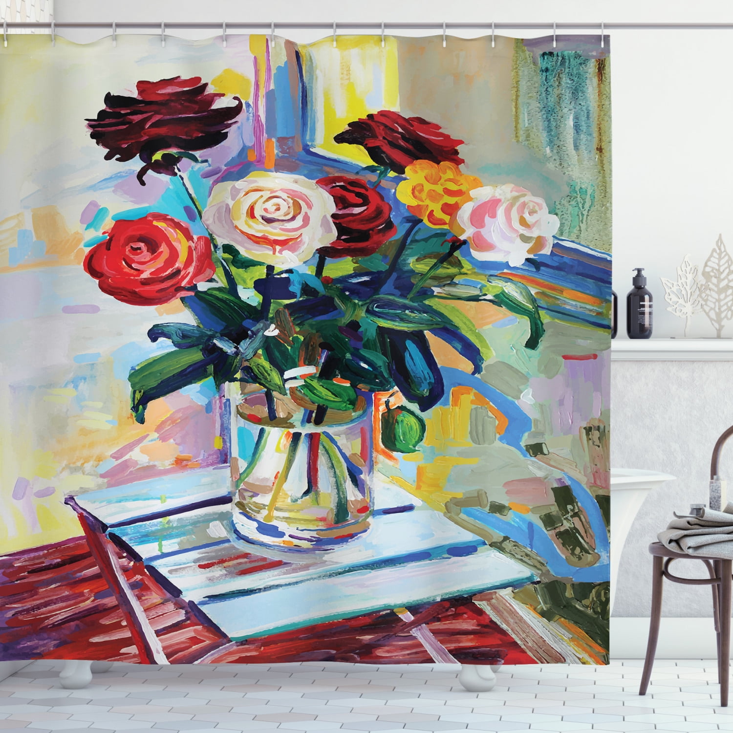 Fine Art Shower Curtain, Composition of Rose Bouquets in the Vase Porch