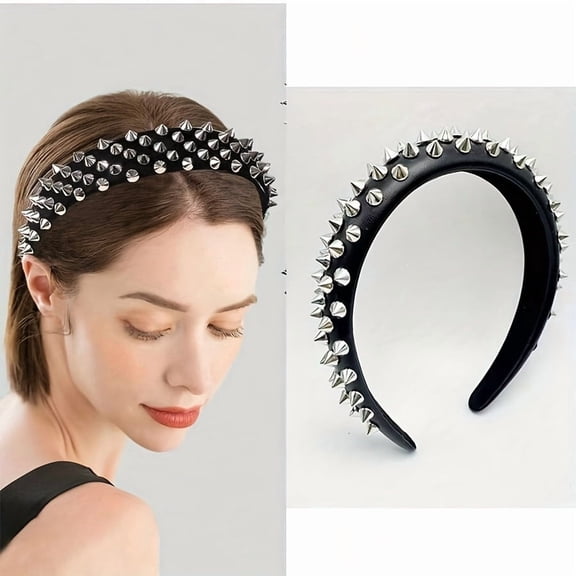Punk Spiked Studded Headband for Women, Black PU Leather Gothic Rivet Hair Hoop, Rock Cosplay Party Costume Hair Accessory