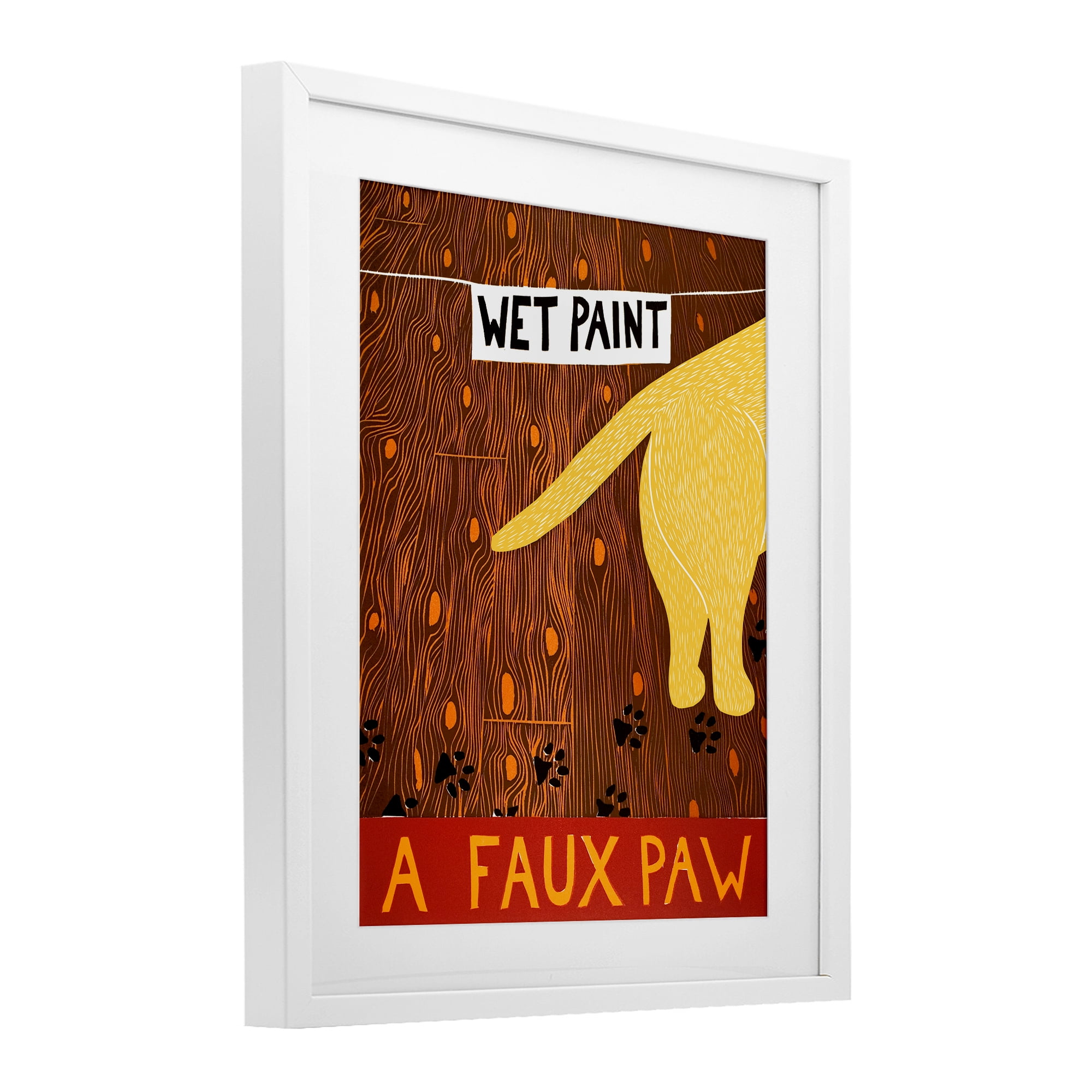 Wet Paint Faux Paw White Framed Print Under Glass, design by Stephen Huneck
