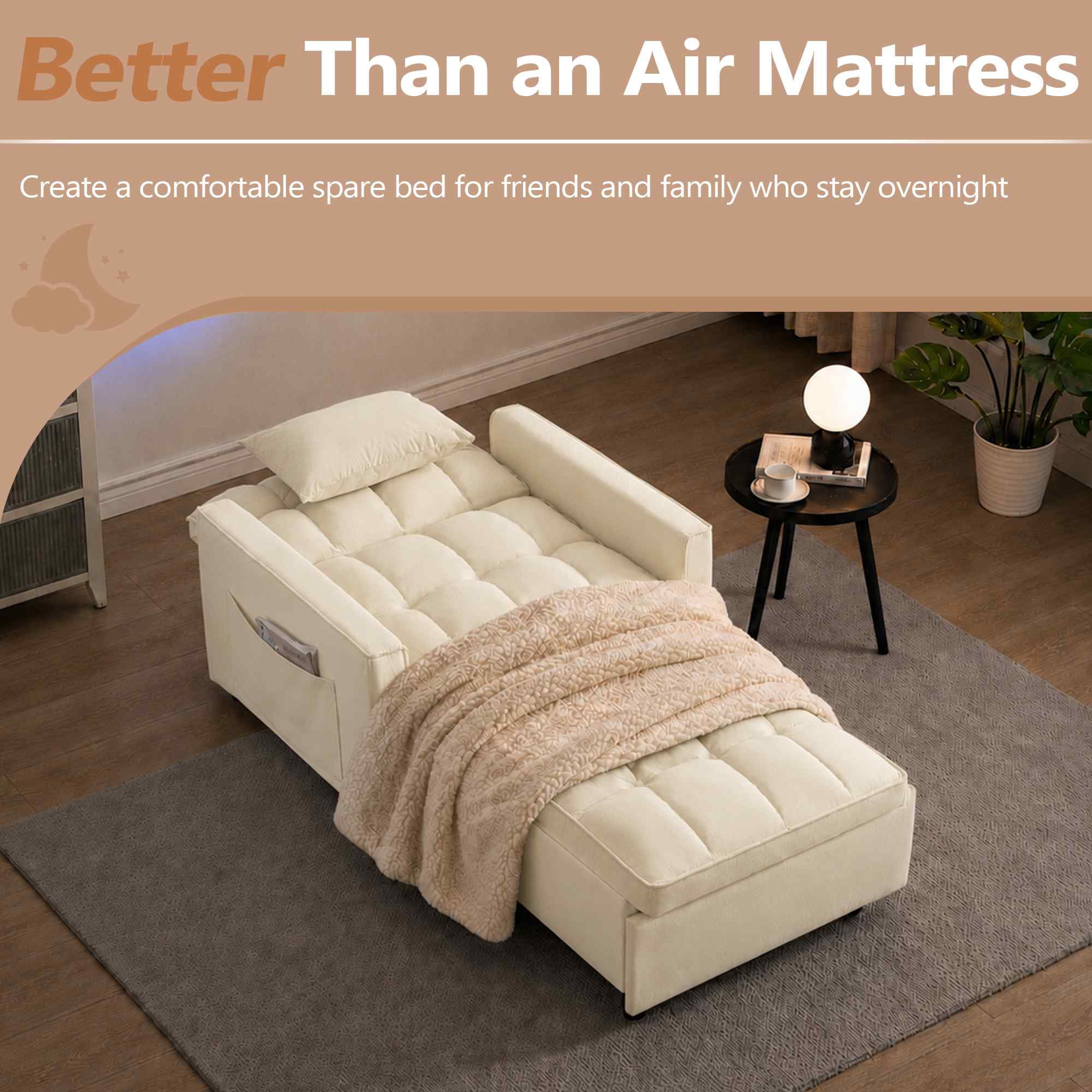 FFH Convertible Sofa Bed Recliner Chair with Adjustable Backrest, Couch for Living Room, Bedroom, Beige