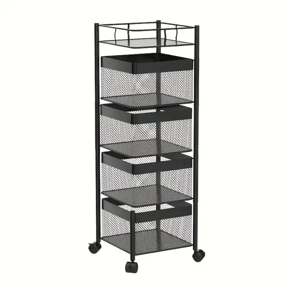 5-Tier Rotating Metal Storage Shelf on Wheels – Multi-Layer Fruit & Vegetable Basket Trolley, Square Floor-Standing Utility Cart for Kitchen, Bathroom, Garage