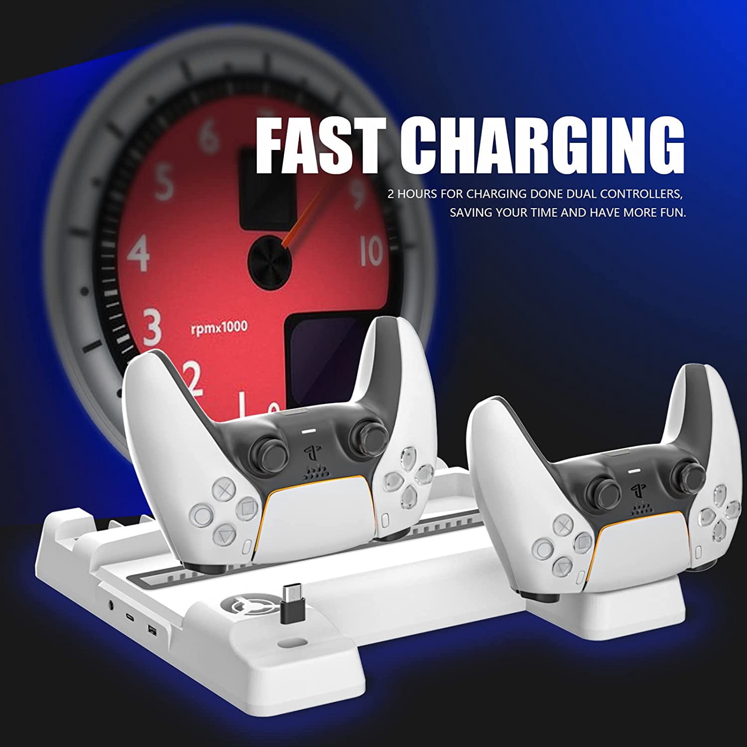 PS5 Cooling Stand, Fast Charging PS5 Stand with Cooling Fans, 3 Levels Adjustable Fans Speed, 12 PS5 Game Rack Organizer - White