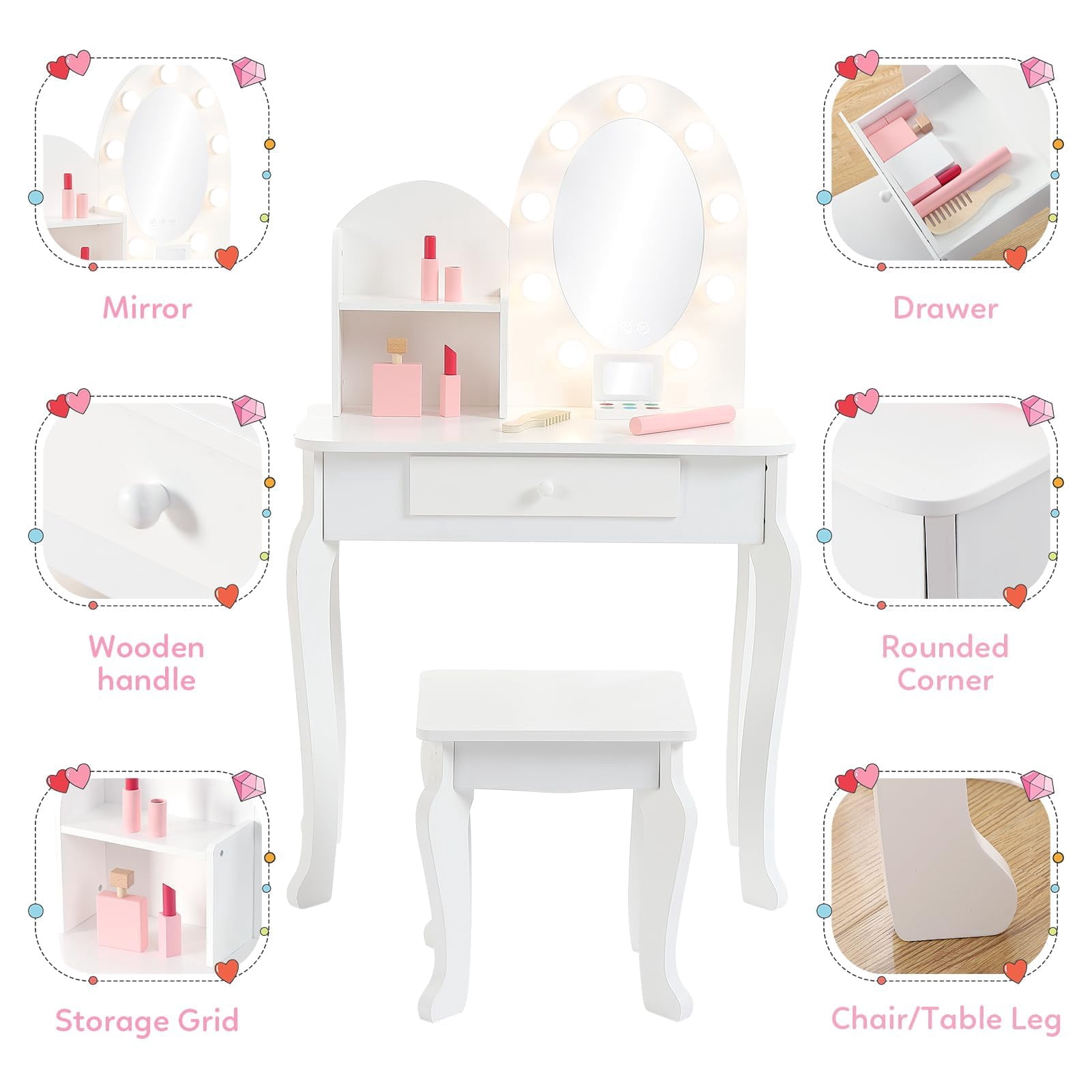 Kids Vanity Desk with Mirror Lights – Princess Makeup Dressing Table for Girls with Storage & Stool