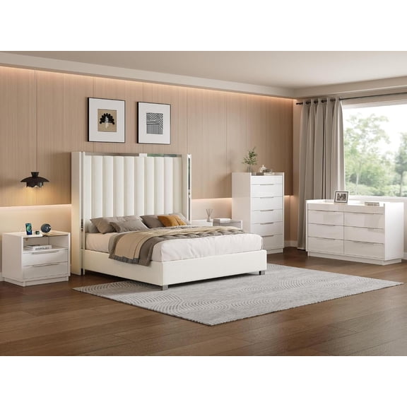 VanAcc Queen Size Bedroom Set, 5 Piece Bedroom Furniture Set with Upholstered Platform Bed frame, with Charging Station, High Gloss Finish, White