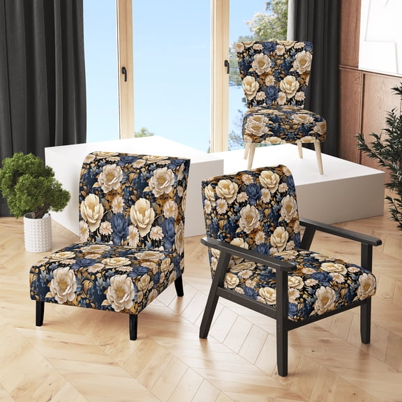 Designart "Serene Peony Elegance" Blue Floral Upholstered Accent Chair - Cottage Arm Chair For Living Room