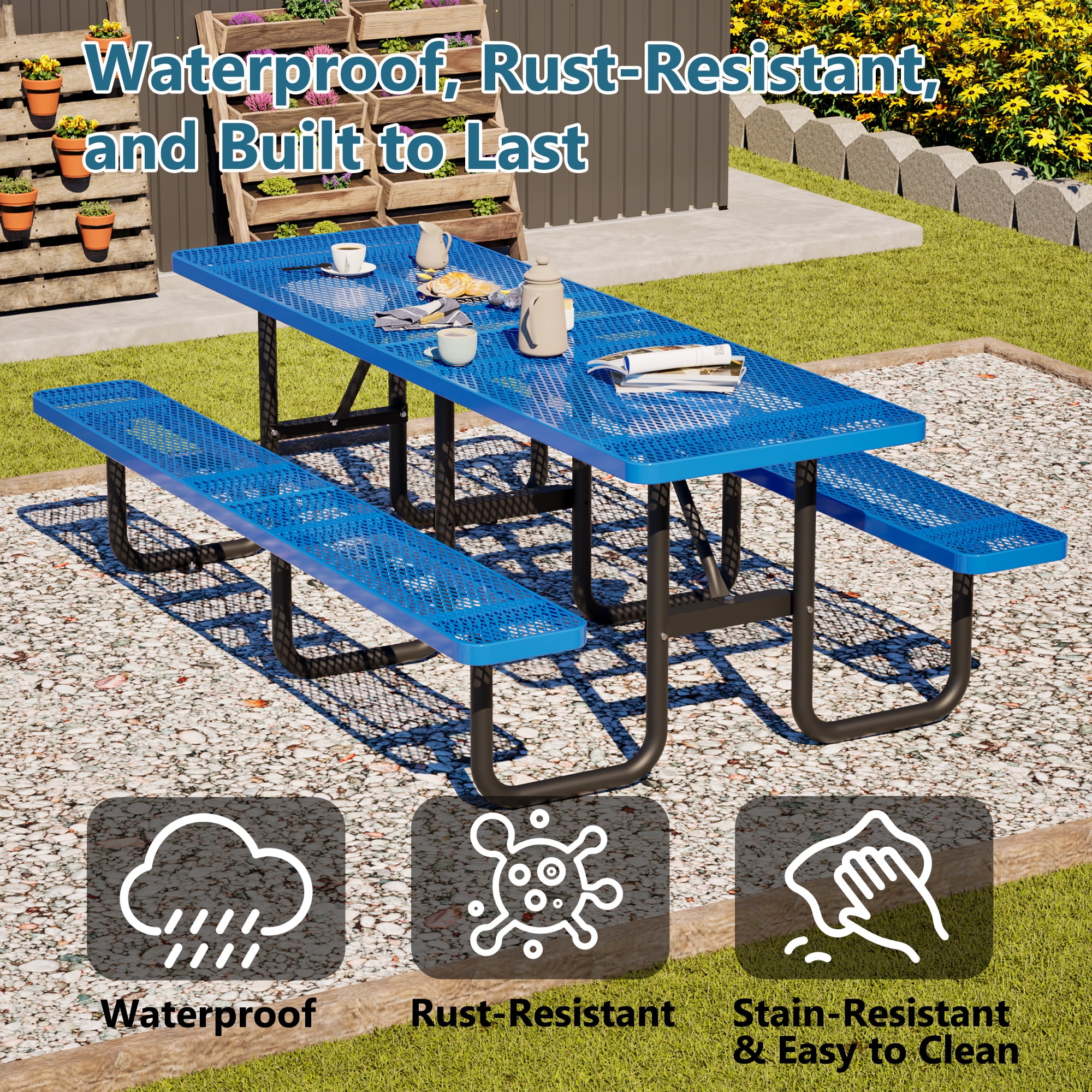 Outdoor Picnic Table Bench Set for 10-Person,All Weather Metal Patio Dining Furniture with Umbrella Hole & 2 Benches for Backyard,Picnic,Camping,Blue