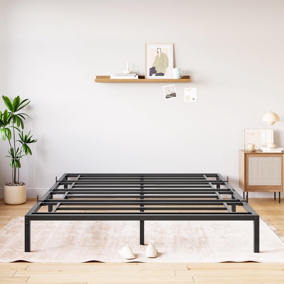 Heavy Duty Metal Platform Bed Frame Queen Size – 14 Inch Sturdy Steel Slats Underbed Storage Noise-Free No Box Spring Easy Assembly Black