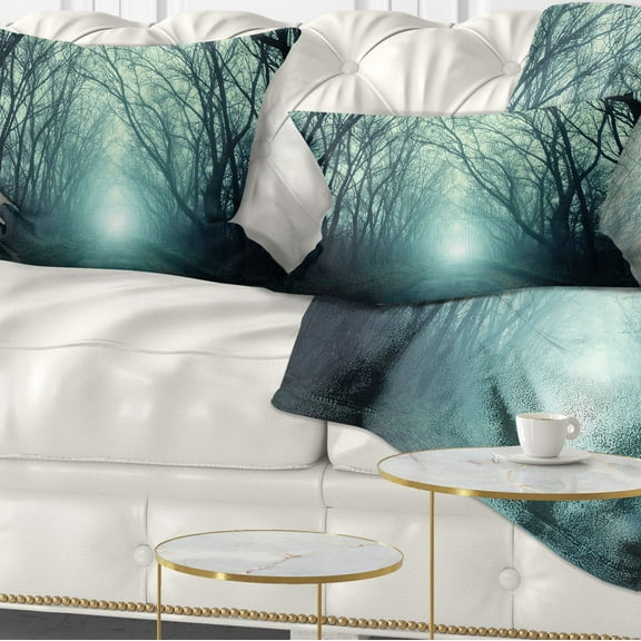 Designart Fall Forest Path with Green Light - Landscape Photography Throw Pillow - 12x20