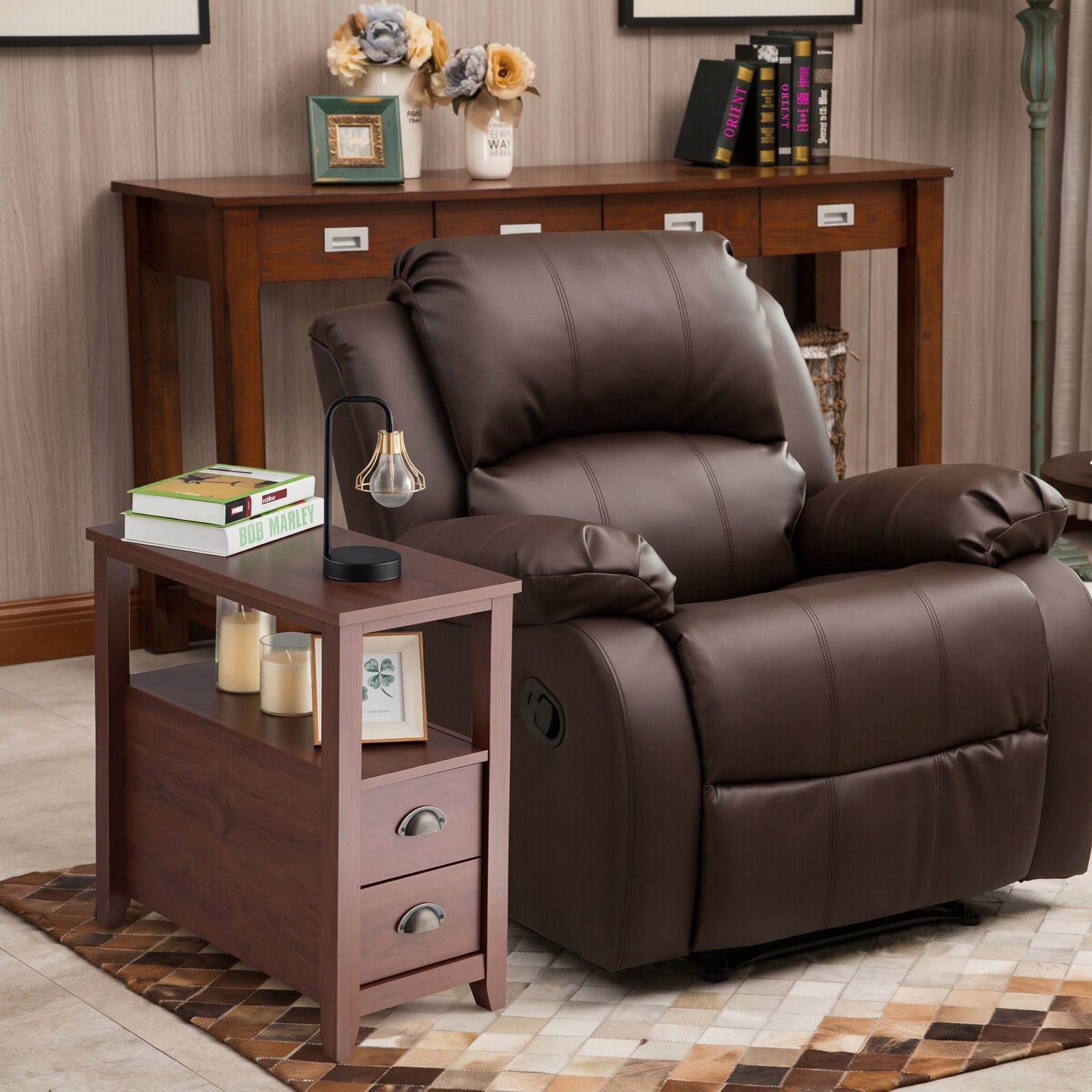 Furnibear Narrow Nightstand with 2 Drawers and Open Shelf Wooden Bedside End Table for the Bedroom and Living Room, Brown