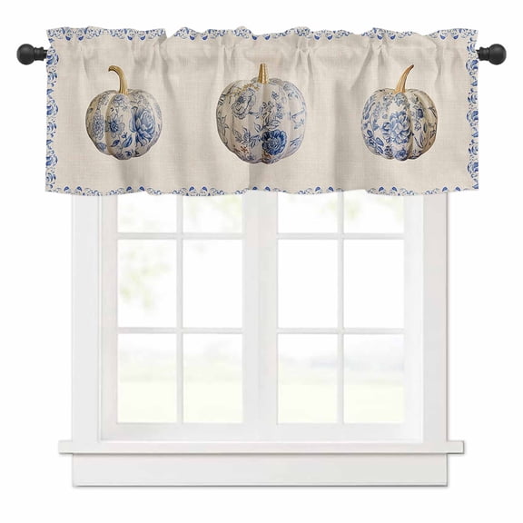 Fall Thanksgiving Valances for Windows Pumpkin with Floral Vintage Blue and White Porcelain Rod Pocket Curtain Valance Window Treatment Short Curtains for Kitchen Living Room, 54"x18"