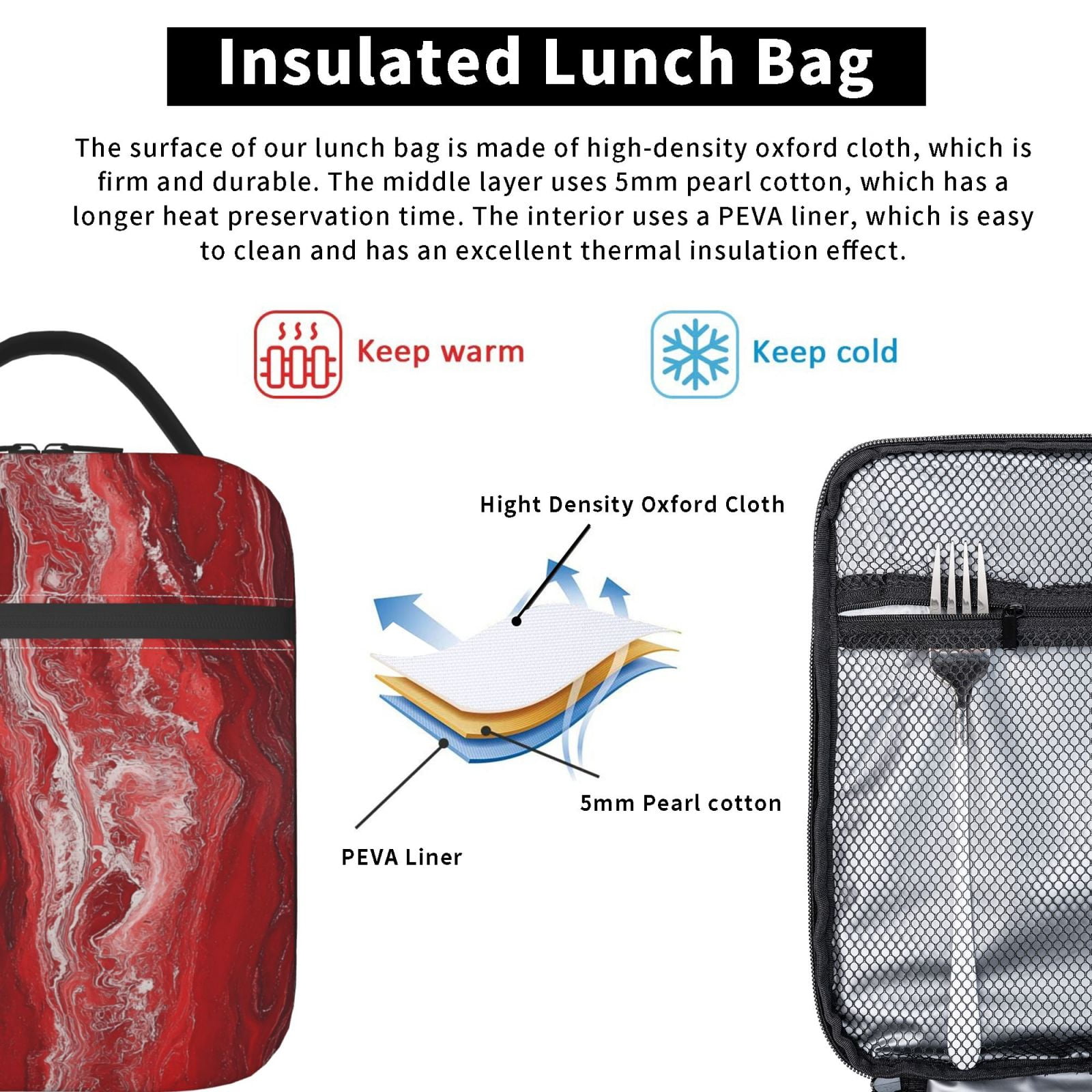 Lunch Bag For Women Men Lovely Lunch Tote Bags Reusable Insulated Lunch Box Large Capacity Cooler For Work Picnic Travel\r\n Red Marble_1