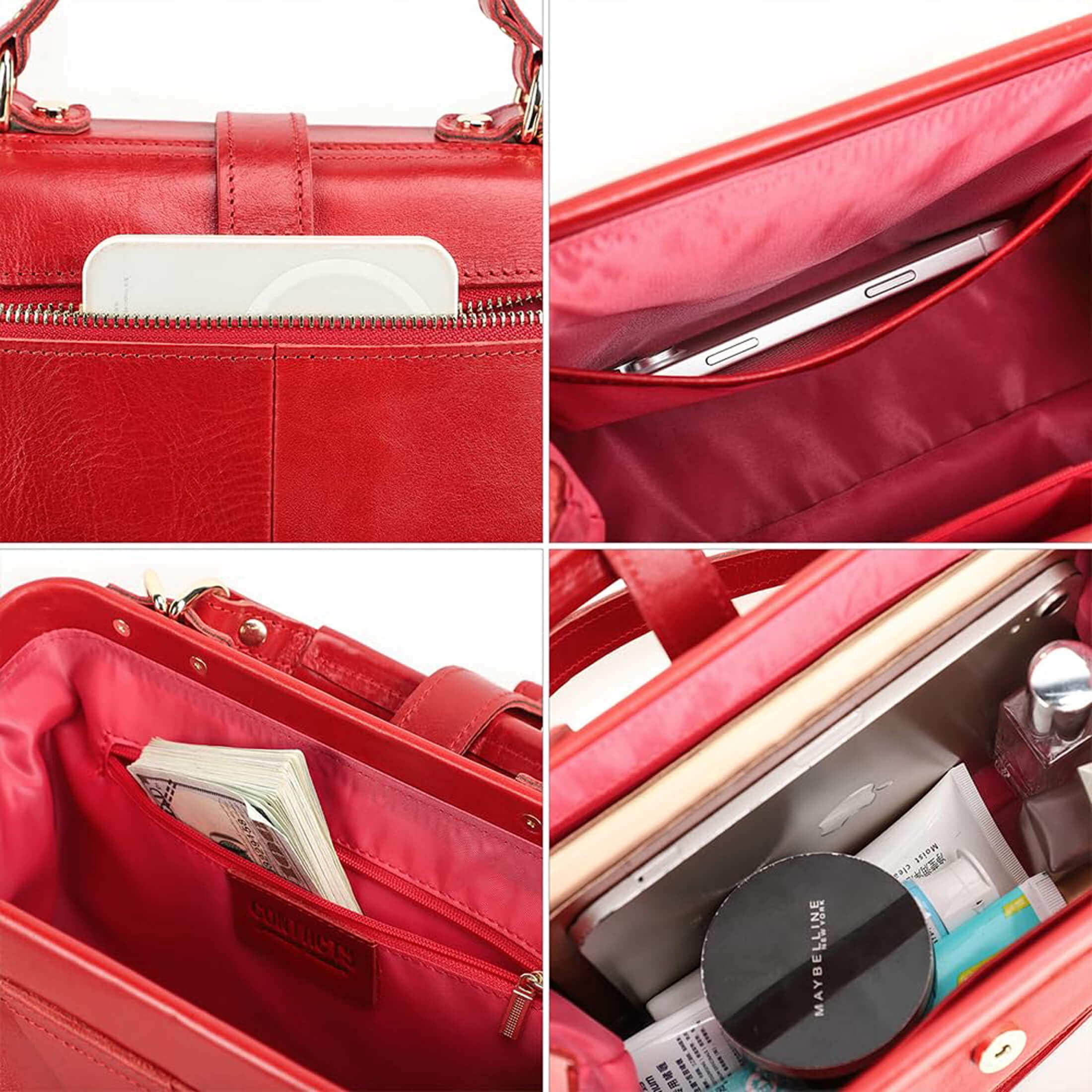 Contact's Genuine Leather Red Handbags Tote Shoulder Bag, Doctor Bag for Women, Large Capacity,Valentine Gift