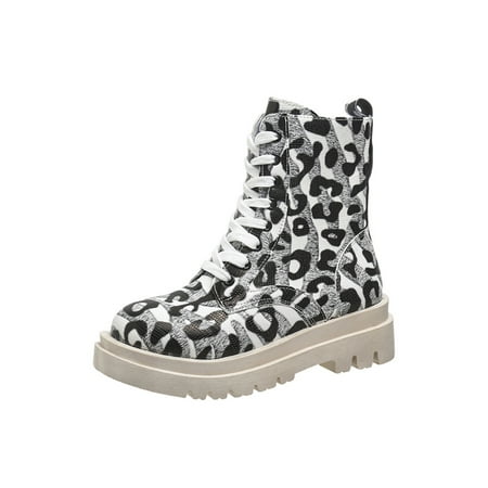 

GENILU Women Comfortable Fashion Combat Boot Round Toe Walking Lace Up Ankle Boots Leopard Print White 6.5