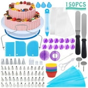 CoPedvic 150pcs Cake Decorating Supplies Set, Cupcake Decorating Kit Baking Equipment Rotating Turntable Stand, Piping Nozzles and Bags, Cake Scrapers, Icing Spatula