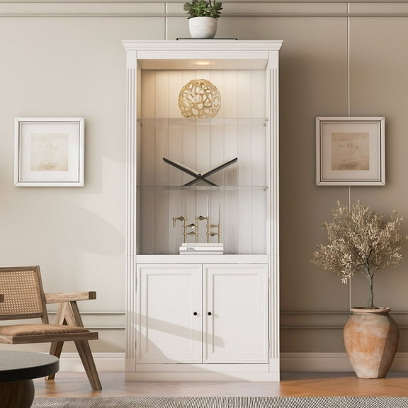 YIYADO 79''H 4-Tier Display Shelf with 5-Colors Dimmable Ceiling Light, Freestanding Farmhouse Bookcases with Storage & Doors, Bookshelf with Adjustable Glass Shelves for Home & Office - White