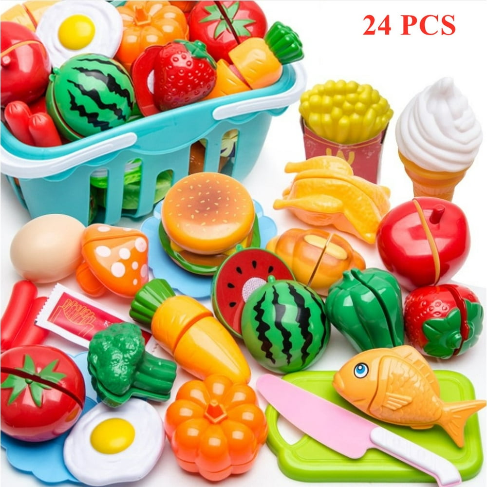 24 PCS Set Cutting Cooking Food Playset,Kitchen Play Food Toys for Pretend Role-Play,Early