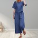 thumbnail image 5 of Pantalones Top básico de lino Pantalones recortados Cuello redondo Color sólido Manga corta Traje de vacaciones Ygjytge Azul T M para Mujer, 5 of 7