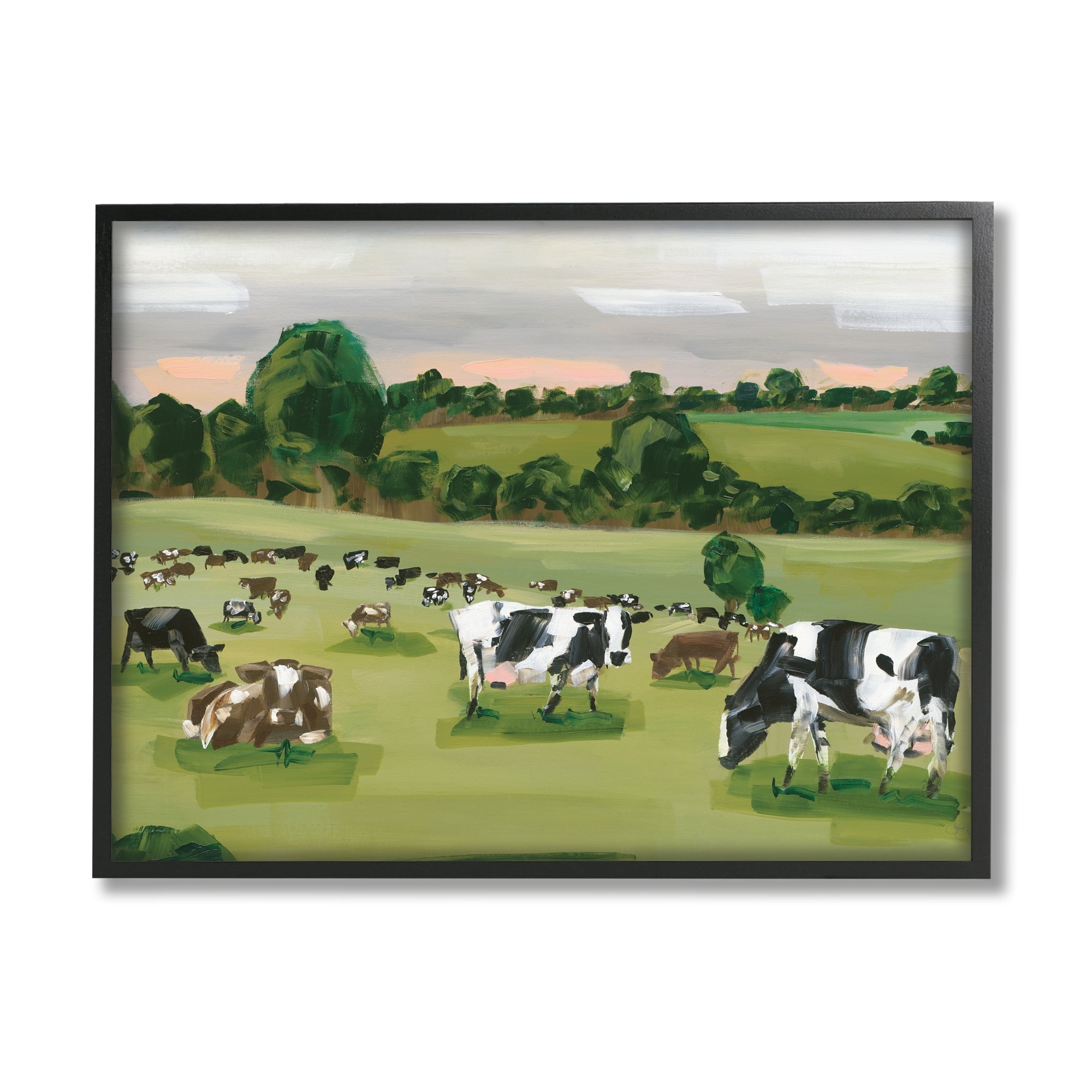 Hollihocks Art Cow Grasslands Cattle Countryside Sunset Plains 20" x 16" Framed Painting Art Print, by Stupell Home Décor