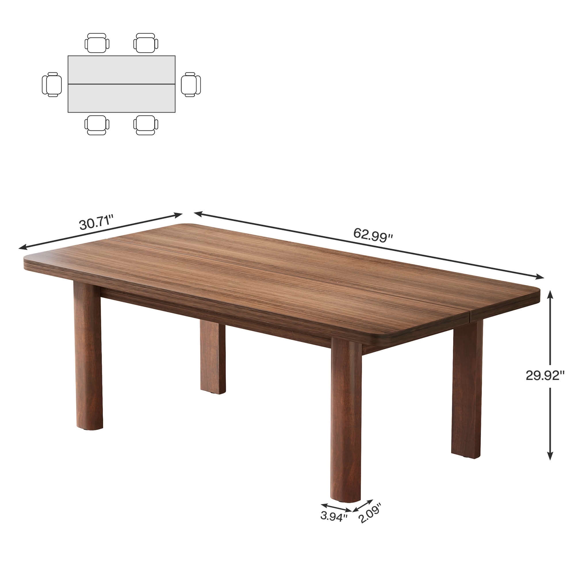 MAYEERTY 63" Brown Farmhouse Dining Table, 4-6 Person Easy Assembly Rectangular Kitchen Table