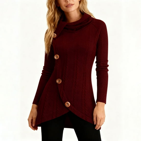 UQJfacai Cowl Neck Sweater for Women Fall Winter Long Sleeve Buttons High Low Tops Tunic Shirts