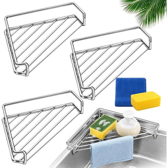 3PCS Kitchen Organizer Corner Sink Rack Stainless Steel Triangular Dish Rack Sink Corner Drying Rack For Soap Sponges Cleaning Brushes Small Utensils Optimize Counter Sink Space