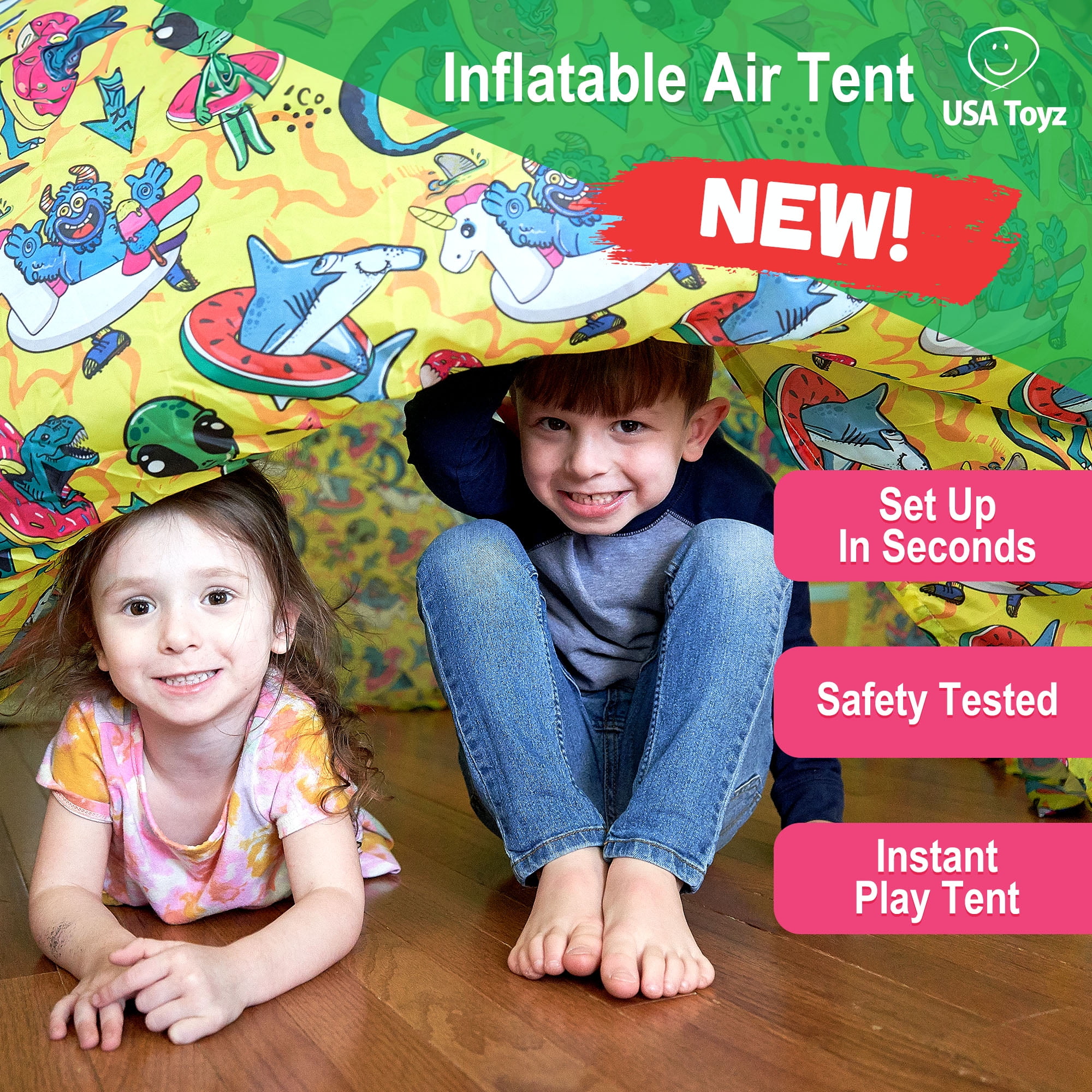 USA Toyz Air Dome Inflatable Pop-Up Play Tent, Space Theme Indoor/Outdoor Playhouse for Kids (Yellow)