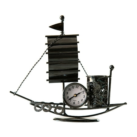 

NUOLUX Metal Sailboat Table Clock Pen Holder Office Desktop Ornament Home Decoration