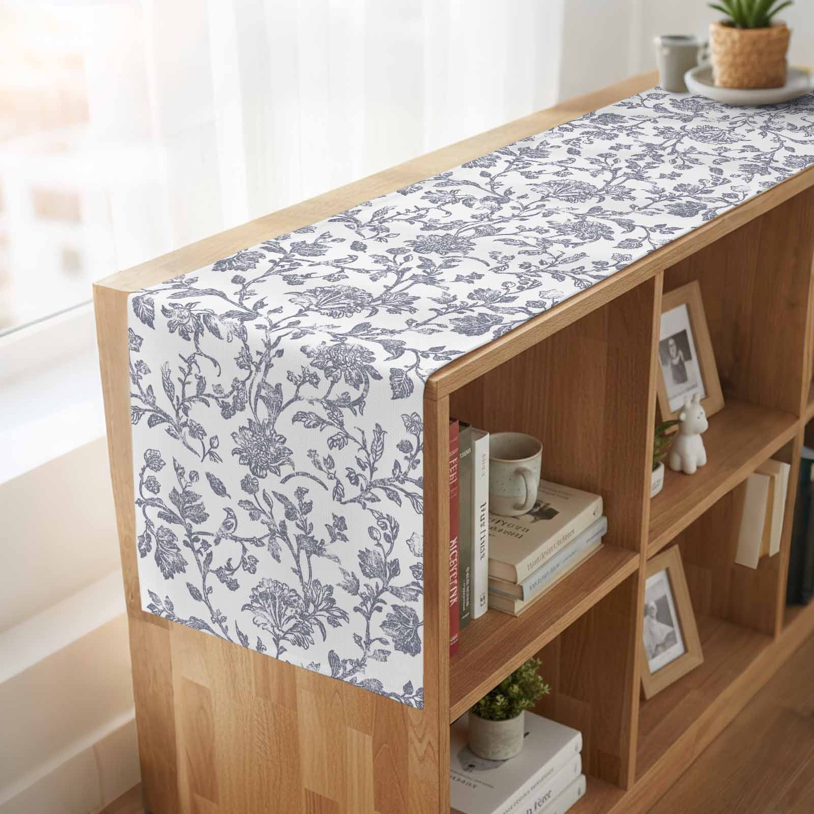 Haze Blue Flower 120 Inch Table Runner, Vintage Farmhouse Boho Leaf Plant Farmhouse Dresser Scarf Cotton & Linen Tablerunner for Dining/Kitchen Island/Holiday Party Décor 13" x 120"