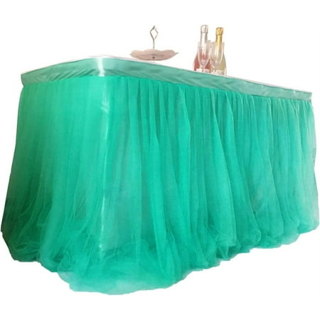 

14 Feet 3 Layers Mesh Tutu Tulle Table Skirt Lace Tablecloth Cover for Party Decoration Birthdays Wedding Baby Shower L167in H30in Mint