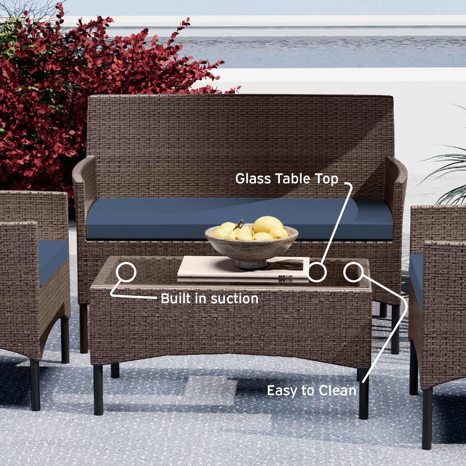 Nestl 4-Piece Outdoor Patio Furniture Set, Wicker Patio Conversation Set, Brown/Navy