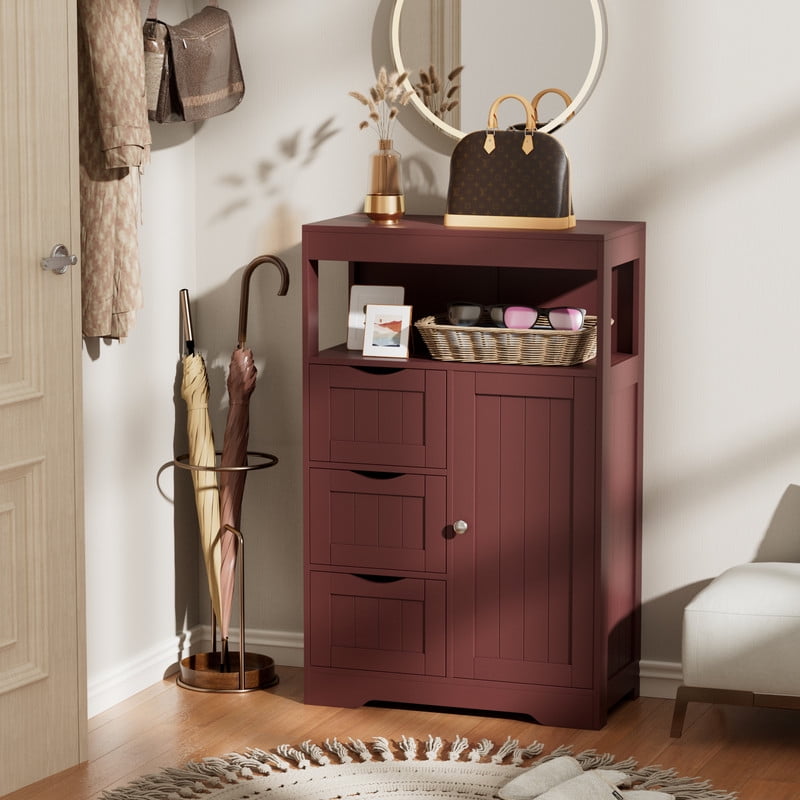 Lacoo Bathroom Floor Cabinet Wooden Storage Organizer with 1 Door, 3 Drawers & Adjustable Shelf Storage Cabinet for Kitchen Living Room Bathroom, Brown
